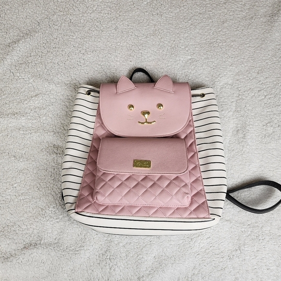 Betsey Johnson Full Size Pink Cat Backpack with Black and White Stripes - Picture 2 of 13